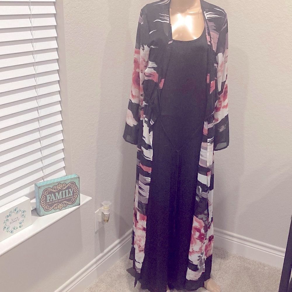 New Ashley Stewart black maxi slip dress with colorful duster top